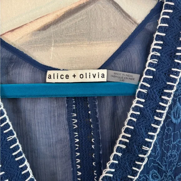 ALICE & OLIVIA Blue Sheer Natalya Lace Peasant Blouse Size Large - Picture 4 of 6